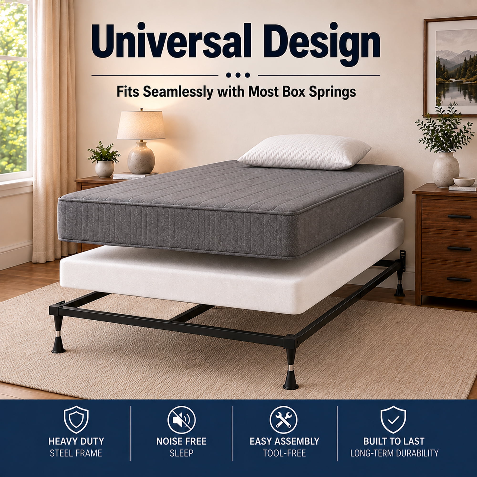 Continental Sleep, Advanced Metal Bed Frame for Box Spring and Mattress, Iron Center Support, Headboard Attachable, Noise-Free, Tool-Free Easy Assembly, 5-Legs Support, Queen, Black