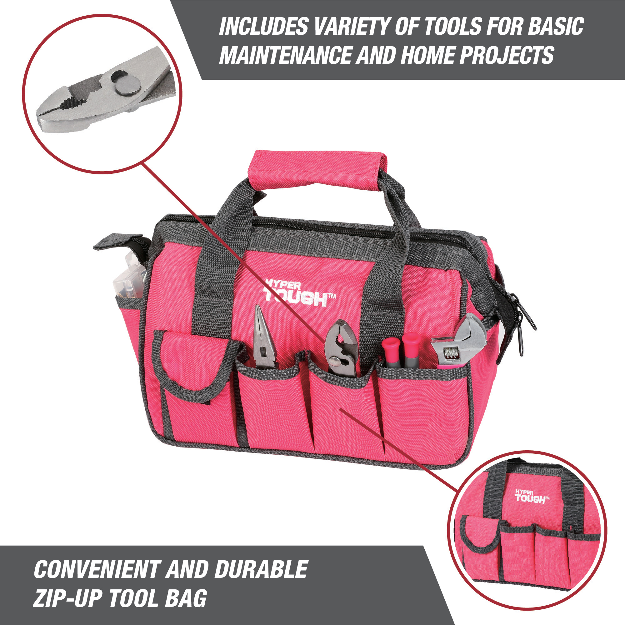Juego de herramientas para hogar de 89 piezas Hyper Tough con bolsa de herramientas de 12 bolsillos, rosa 7