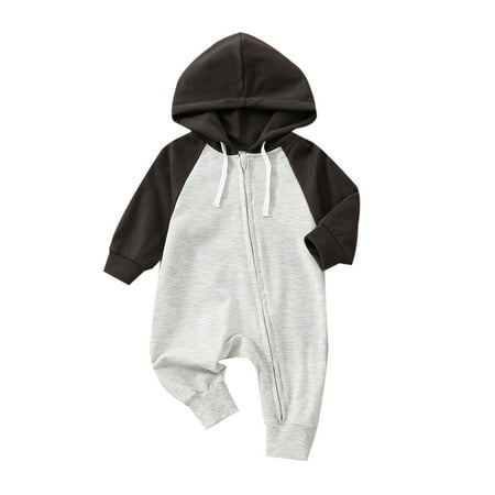 

MissiMae Baby Romper Contrast Color Long Sleeve Hooded Jumpsuit with Zipper Autumn Outfit for Girls Boys 0-24 Months