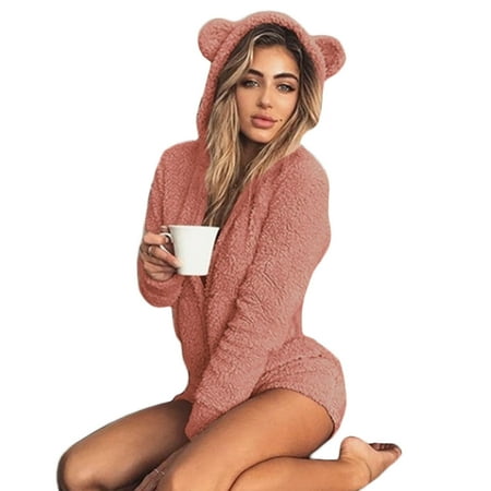 

Women Girls Plush Pajama Suit Hooded Sleepwear Romper Jumpsuit Ears Bear
