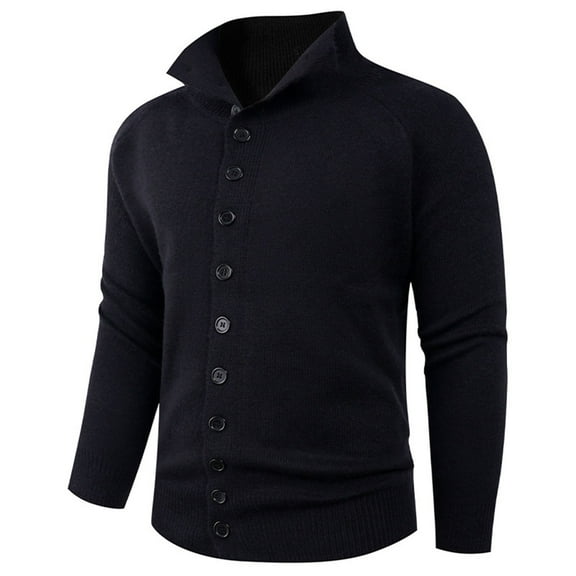 Dolkfu Fall Sweaters Men Button Down Turtleneck Black Sweater Cardigan Solid Knit Slim Fit Shirts for Man L