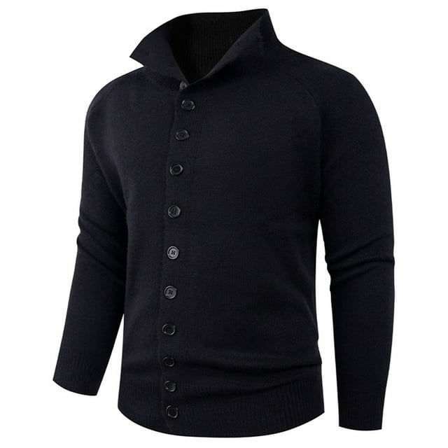 Wzzjkit Fall Clothes Man Solid-Color Casual Button Elastic Knitted Sweater Cardigan Long Sleeve Stand-up Collar Sweater