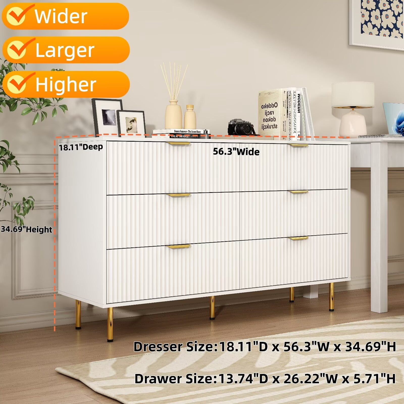 56" Wide White 6 Drawers Dresser for Bedroom, Fluted Storage Chest of Drawers Living Room
