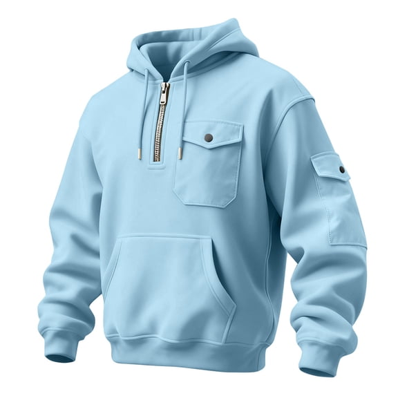 Men's Cargo Quarter Zip Sweatshirts Tactical Pullover Casual Gym Athletic Loose Sweatshirts Light Blue 3XL