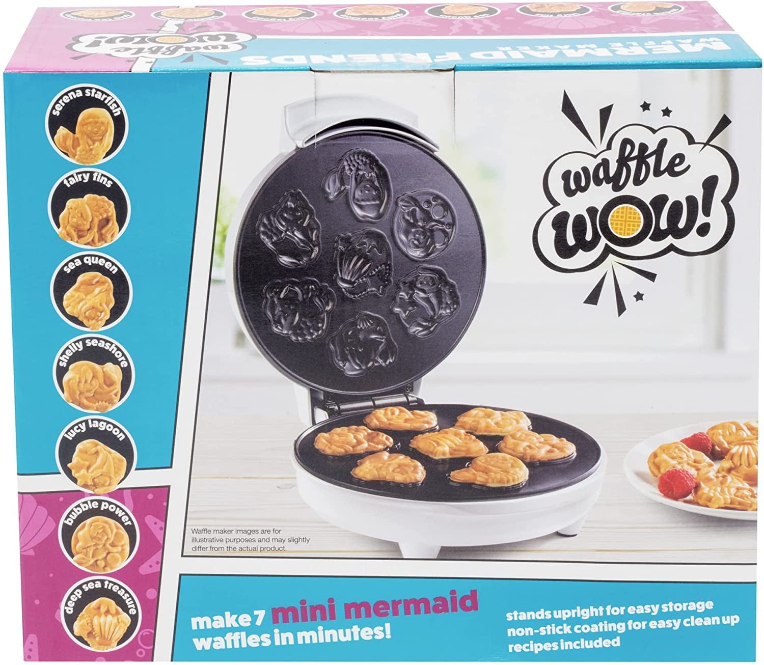 Mermaid Waffle Maker- Create 7 Different Mermaid Shaped Waffles in Minutes - Cool Under the Sea Breakfast for Kids & Adults- Electric Nonstick Waffler Iron Ocean Theme w Recipes, Great Gift