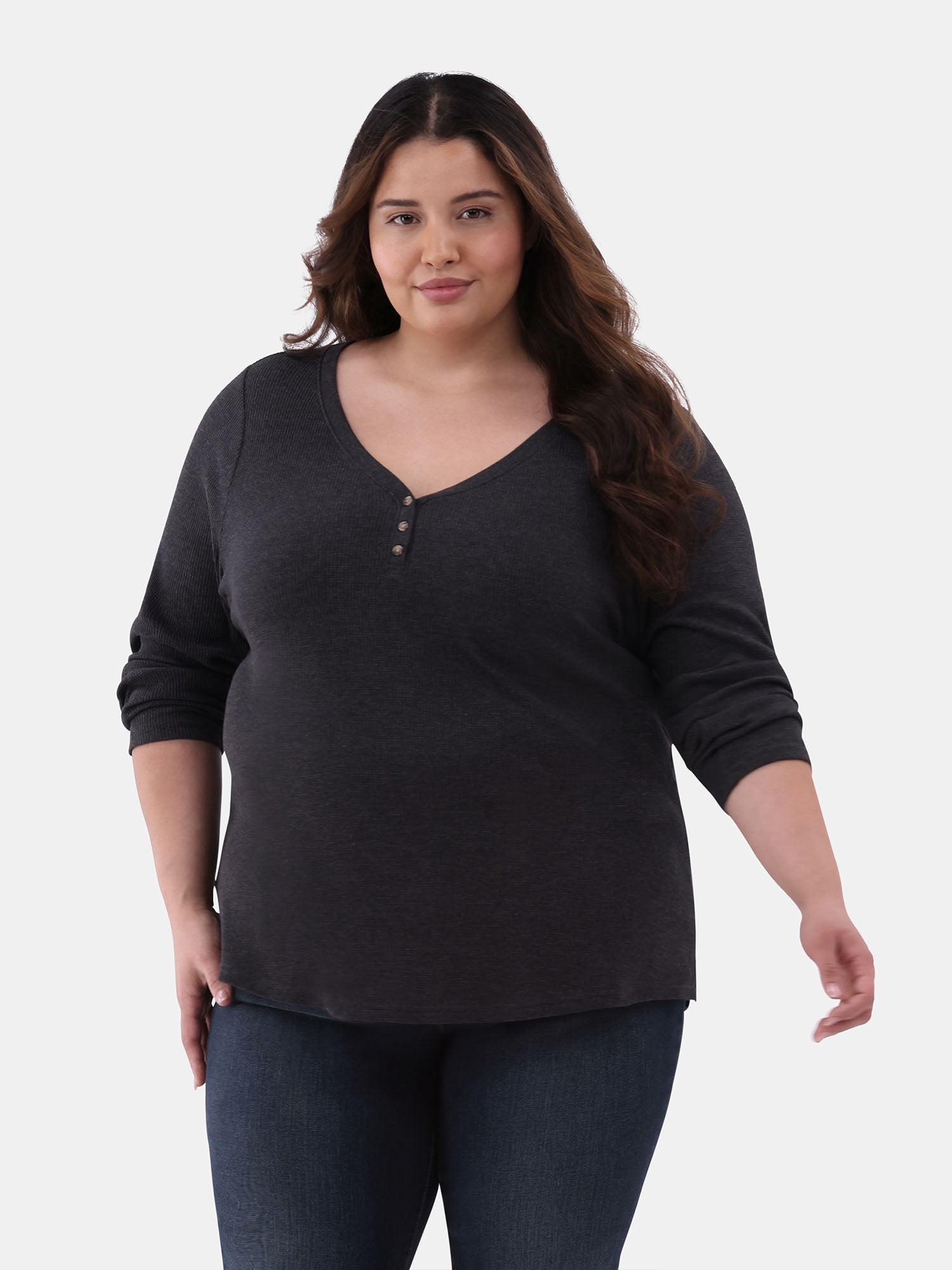 Terra & Sky Women's Plus Thermal Henley Top, Available in 1 and 2-Pack, Sizes 0X-5X