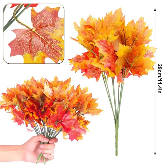 FXMLRLK 1 Bundles Fall Leaves Decor Artificial Maple Leaves Stems Branches Faux Fall Fake Autumn Leave for Thanksgiving Table Centerpieces Decoration,Orange