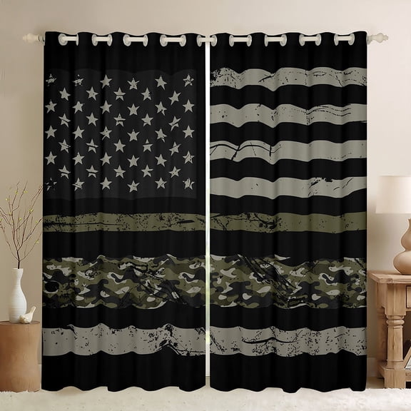 Manfei Retro American Flag Black Out Curtains, Grey Geometric Abstract Curtains Pack of 2 (42x63 Each), Camouflage Bedroom Curtains, Curtains and Drapes Bedroom Decor