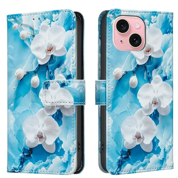 Wallet Case Compatible with iPhone 15 Plus with Card Holder, Convertible Stand Flowers Case Magnetic for Women and Girls, Butterfly Floral Protective PU Leather Flip Case, Blue