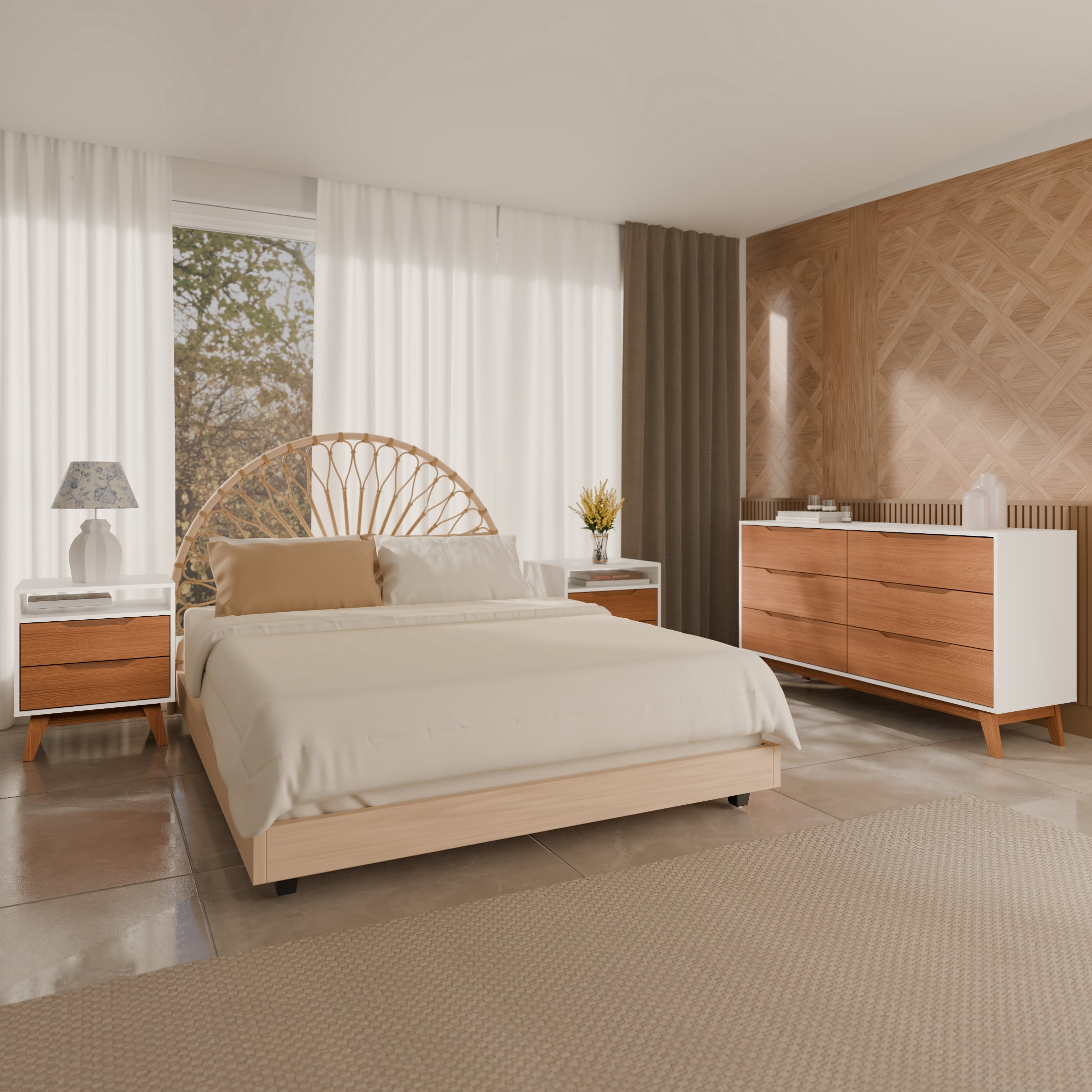 Kappesberg Bedroom Furniture Set with 6-Drawer Dresser and 2 Nightstands White/Golden Oak – Modern Storage Combo