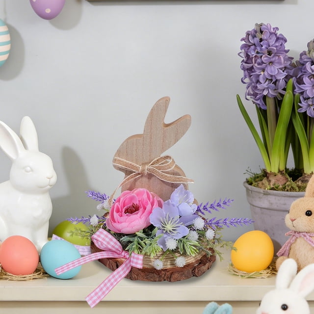Cheapark Easter Wooden Ornament Simulated Egg Flower Rabbit Craft Decorative Desktop Accent Festive Spring Home Holiday Decoration