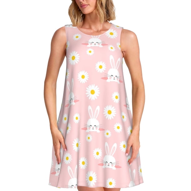 Fotbe Rabbit Sunflower Vestido de Verano sin Mangas para Mujer – Vestido Midi Línea A, Estilo Camiseta Floral, Vestido Playero Casual y Fluido