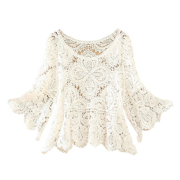 Duoif Crochet Top Boho Hollow Out Tops for Women, Women's Short Crochet Cut Out Five Quarter Sleeve V-Neck Top Skirt with Smock Womens Tops White1 M