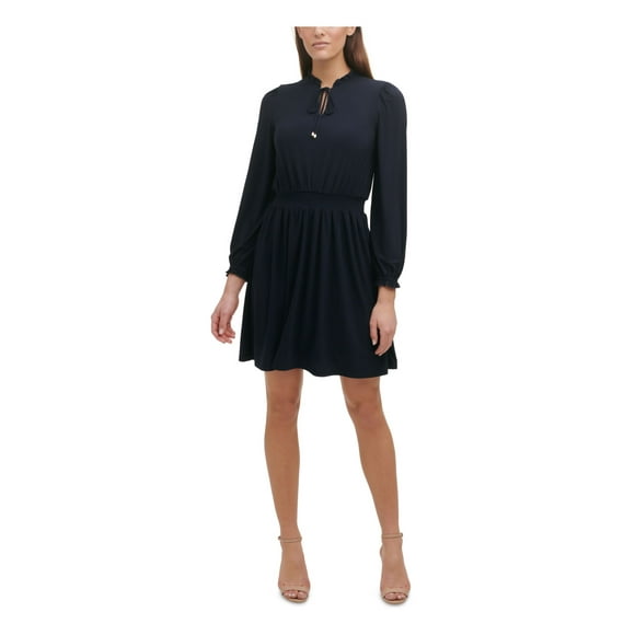 TOMMY HILFIGER Womens Navy Stretch Smocked Ruffled Tie At Neck Long Sleeve Split Above The Knee Wear To Work Fit + Flare Dress 18