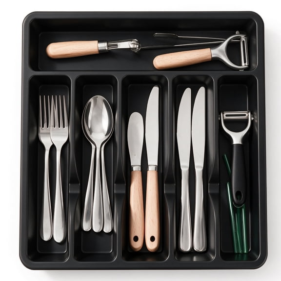 Silverware Drawer Organizer, 6 Compartment Plastic Utensil Tray for Kitchen Storage, Flatware and Cutlery Holder, Cutlery Drawer Organizer for Spoons Forks Knives