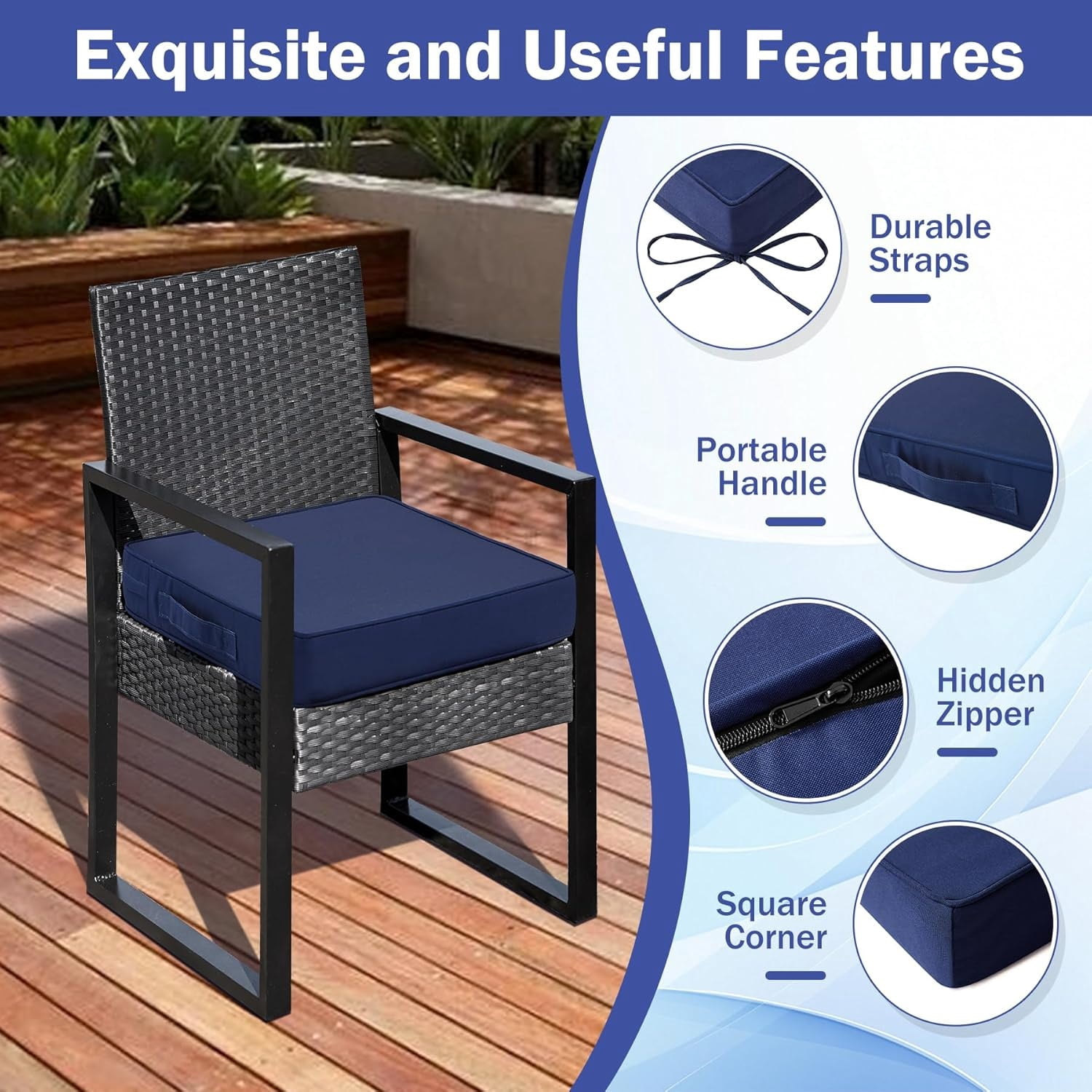 Outdoor Chair Cushions Set of 4, Waterproof Patio Chair Cushions, 19" x 19"x 3" Patio Cushion for Outdoor Furniture, Outdoors Seat Cushion for Patios Furniture with Handle and Ties, Navy Blue