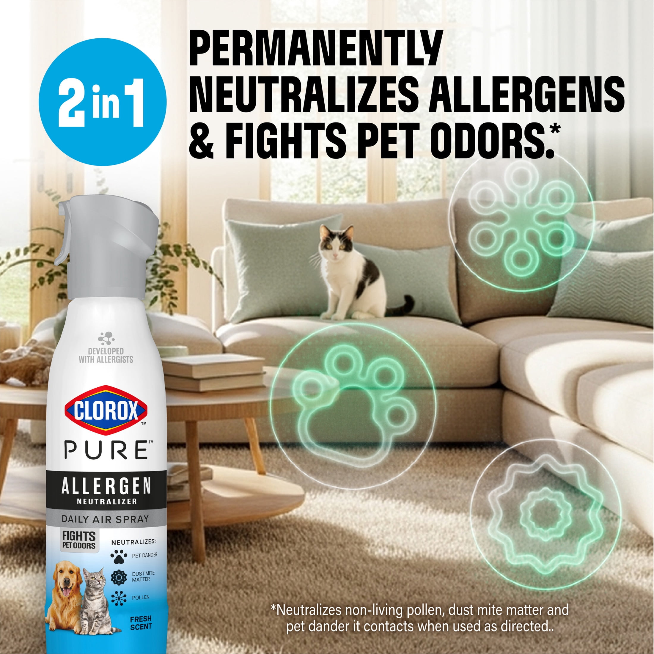 Clorox PURE Allergen Neutralizer Daily Air Spray, Fights Pet Odors, Fresh Scent, 8 Ounces
