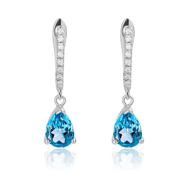JeenMata Aros de Talla Brillante en Forma de Pera de 2,25 Quilates con Topacio Azul y Piedra Natal de Diciembre Engastados en Pavé - Chapado en Oro Blanco de 18 K sobre Plata