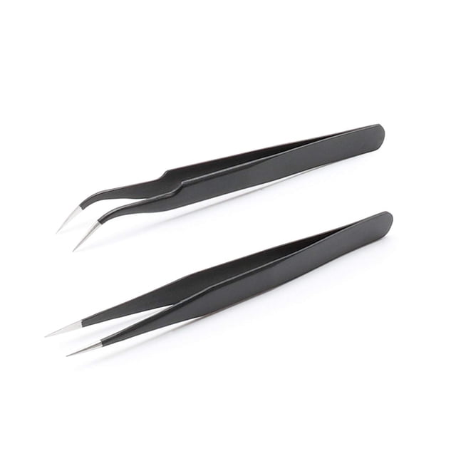 Cribun Pince à Cils Lot de 2 Pinces à Épiler en Acier Inoxydable pour Extensions de Cils Pointe Droite et Courbe Outils d'Application de Faux Cils - Noir