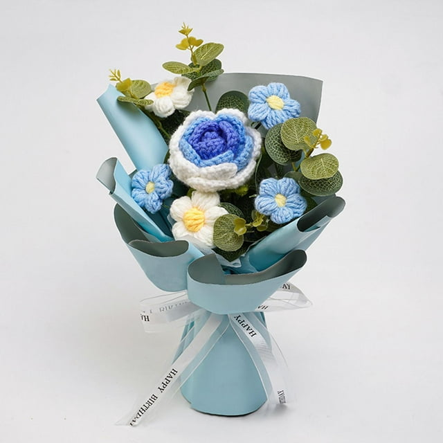 Ramo de flores de ganchillo BLESIY decoración de mesa de flores tejidas regalo de boda decorativo flor tejida para aniversario esposa abuela mamá Azul 25 cm x 30 cm