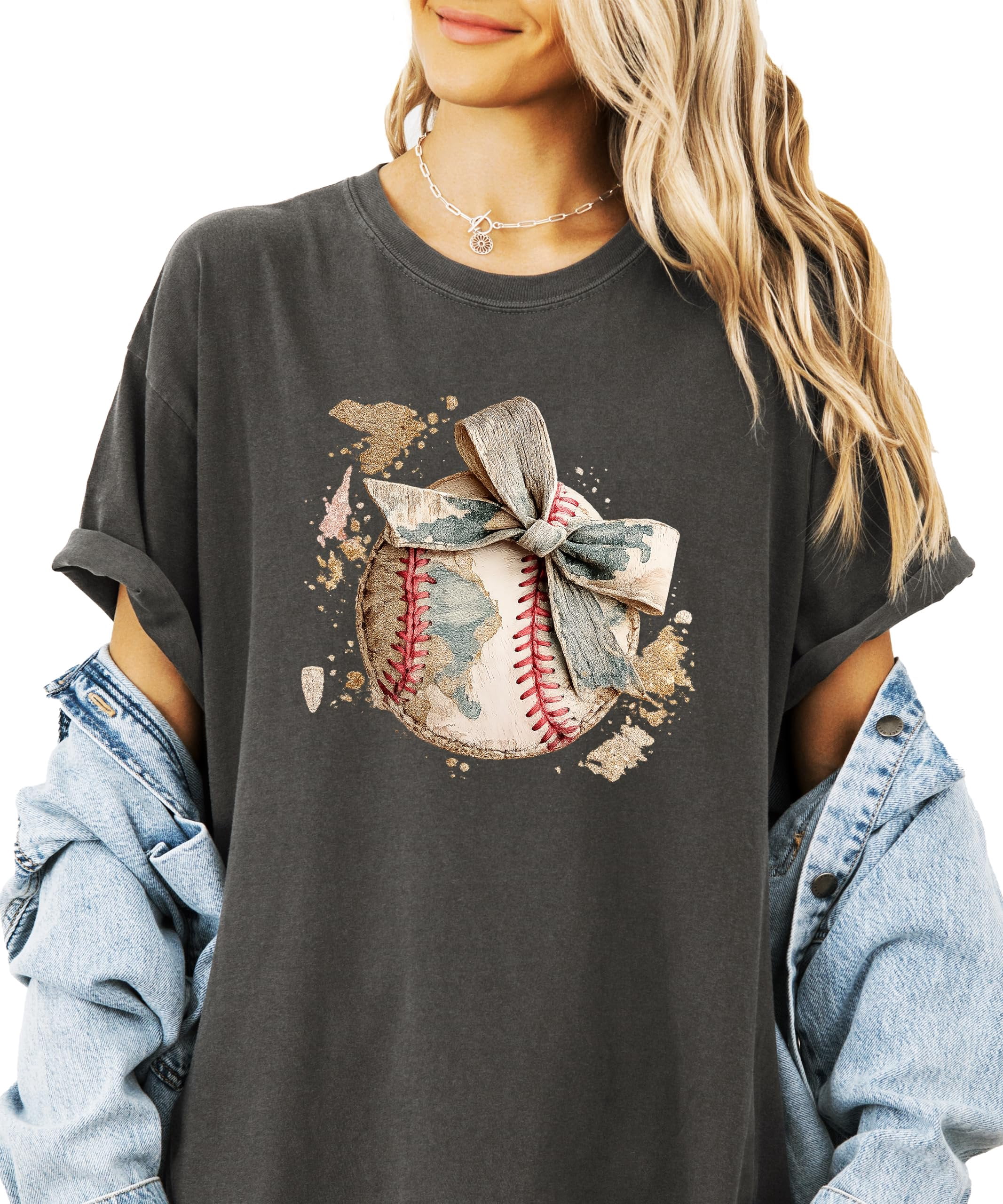 Cute Baseball Bow Shirt for Women - Coquette Game Day Tee - Trendy Sports Mom T-Shirt Pepper Shirt Adult Medium