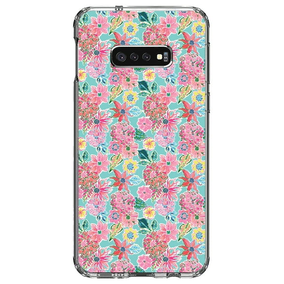 DistinctInk Clear Shockproof Hybrid Case for Samsung Galaxy S10e (5.8" Screen) - TPU Bumper, Acrylic Back, Tempered Glass Screen Protector - Preppy Pattern - Pink Flowers on Teal Background