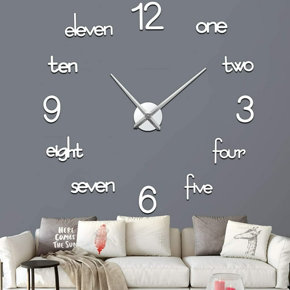 Large Wall Clock for Living Room Decor, 3D Frameless Large DIY Wall Clock Easy to Assemble, Mirror Wall Clock Decor Sticker for Home Bedroom Office Wall Decorations(Silver)