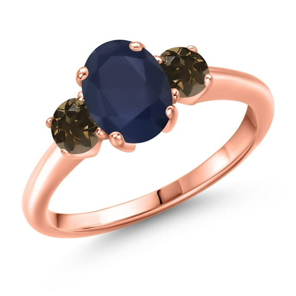 Gem Stone King 2.32 Ct Oval Blue Sapphire Brown Smoky Quartz 18K Rose Gold Plated Silver Ring (Size 8)