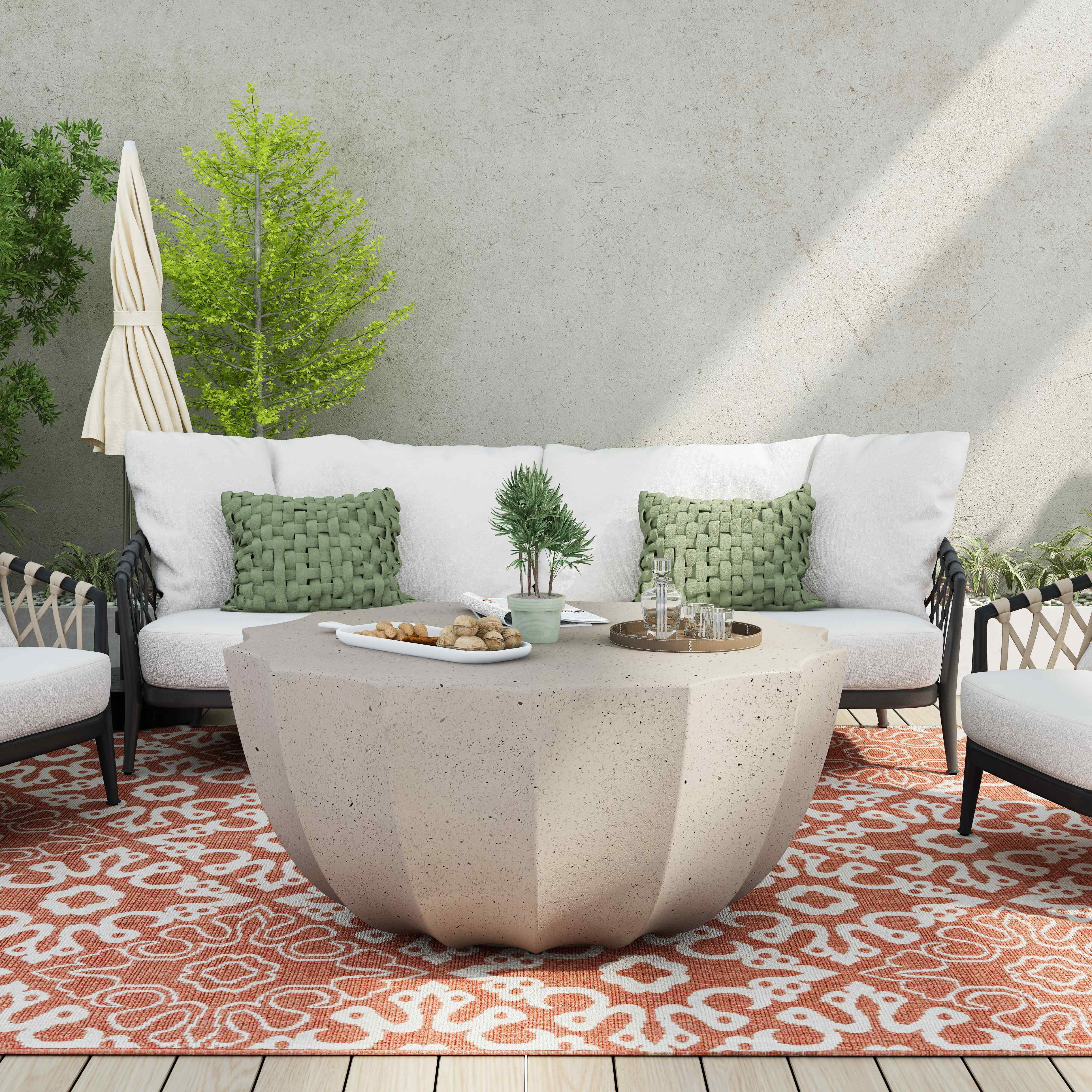 FFH 35.43" Coffee Table for Indoor & Outdoor, Modern Cement Table for Living Room, Patio, Backyards, White