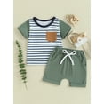 thumbnail image 2 of FEORJGP Toddler Baby Boy Summer Daily Outfits Infant 6M 1T 2T 3T 4T Short Sleeve T-Shirt Crew Neck Shirt Striped Print Tops + Pocket Drawstring Shorts Set Loose Casual 2Pcs Clothes, 2 of 9