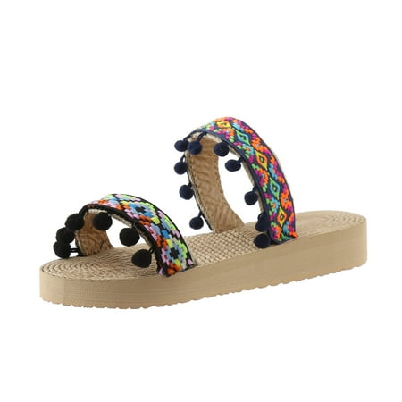 

ZIZOCWA Boho Style Summer Women Wedges Slippers Thick Bottom Lightweight Open Toe Colorful Tassel Beach Flip Flops Ethnic Style Sandals Red Size6.5