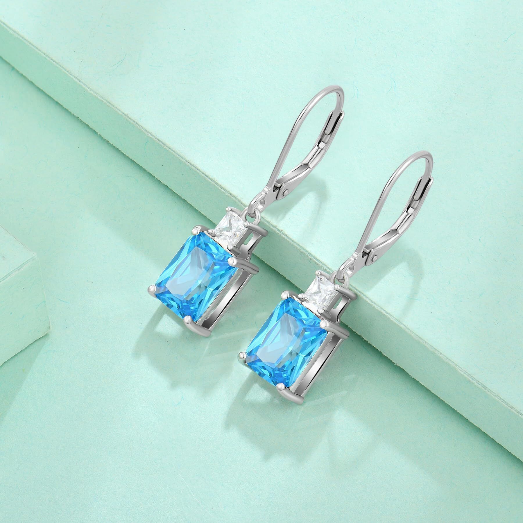 Starchenie Princess/Emerald Brilliant Cut Birthstone March aquamarine Earrings for Women Dangle Earrings Sterling Silver Leverback Earrings Birthday Anniversary Jewelry Gift