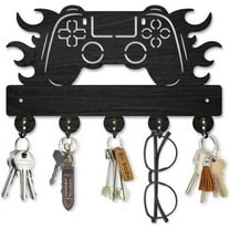 Gamepad Wood Key Holder for Wall Flame Game Controller Key Hooks 11.8×7.1inch Key Hanger Rack with 5 Alloy Hooks for Entryway Front Door Kitchen Office Decoration
