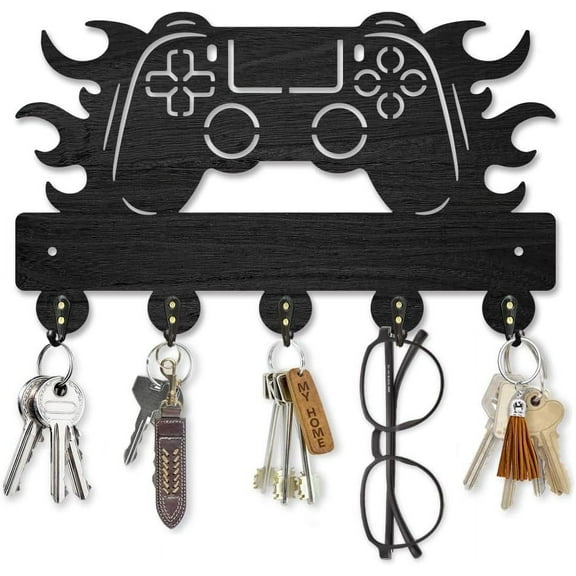 Gamepad Wood Key Holder for Wall Flame Game Controller Key Hooks 11.8×7.1inch Key Hanger Rack with 5 Alloy Hooks for Entryway Front Door Kitchen Office Decoration