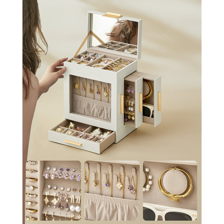 SONGMICS 5-Tier Jewelry Box with Glass Window Jewelry Storage Organizer  with 3 Side Drawers & Big Mirror Cloud White and Metallic Gold 