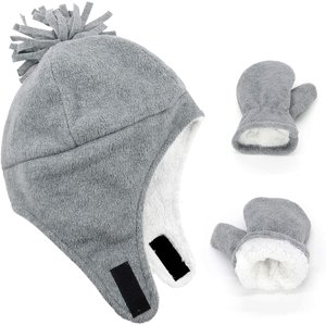 Zando Baby Fleece Beanie with Earflaps and Mittens, Gray