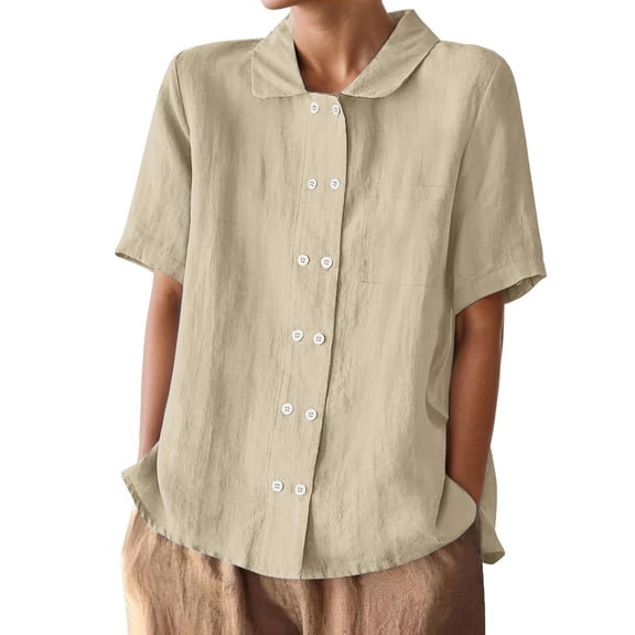 FUYUDY Women'S Linen Blouse Short Sleeve Loose Fit Solid Color Double Open Front Lapel Shirt Comfortable Breathable Female Top For Summer Beach And Daily Wear,Beige,L