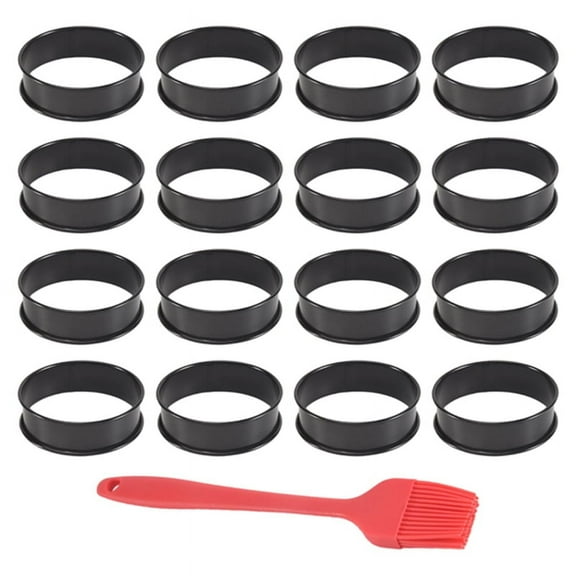 16Packs English Muffin Rings Crumpet NONSTICK -Stainless Steel Double Rolled Tart Round Black 3.15 Inch