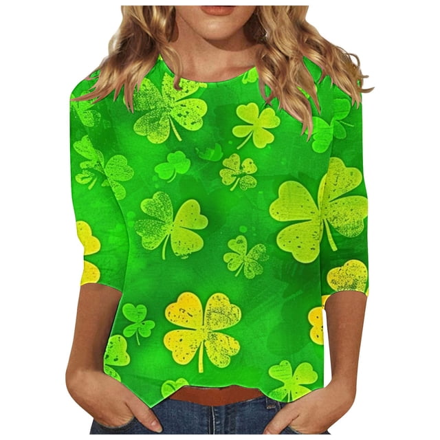 Diufon T-Shirts de la Saint-Patrick pour Femmes, Grande Taille, Imprimé Trèfle, Manches 3/4, Col Rond