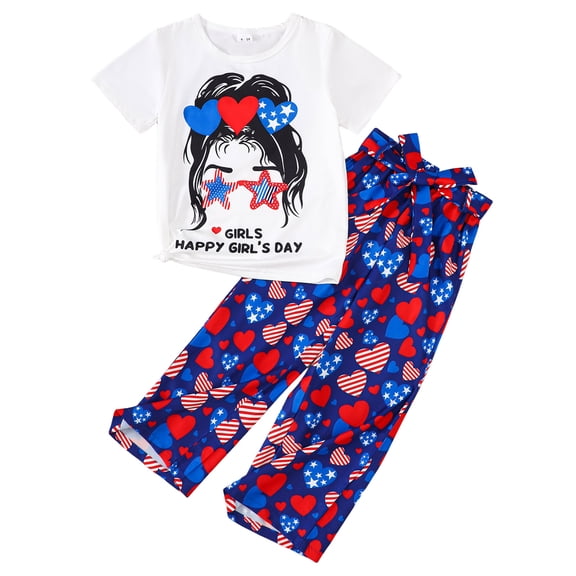 Zanarzt Girls Summer Outfits Girls 4th of July Outfits Kids Clothes Cute Cool Girl Crop Tops Pants Summer Clothing Sets White,1-2 Years
