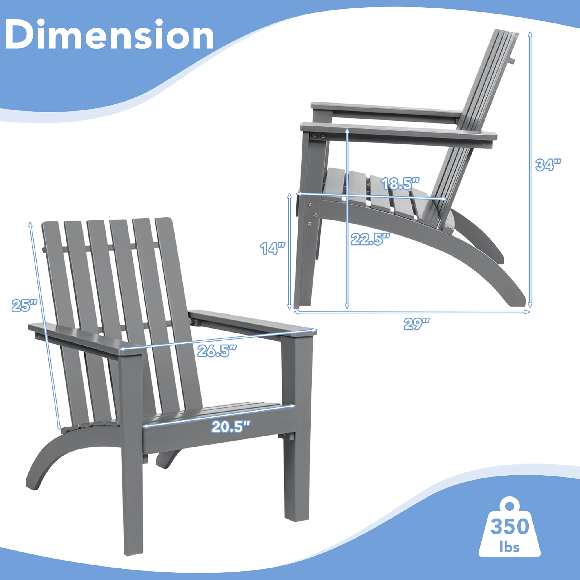 Costway Patio Adirondack Chair Acacia Wood Lounge Armrest Garden Deck Gray