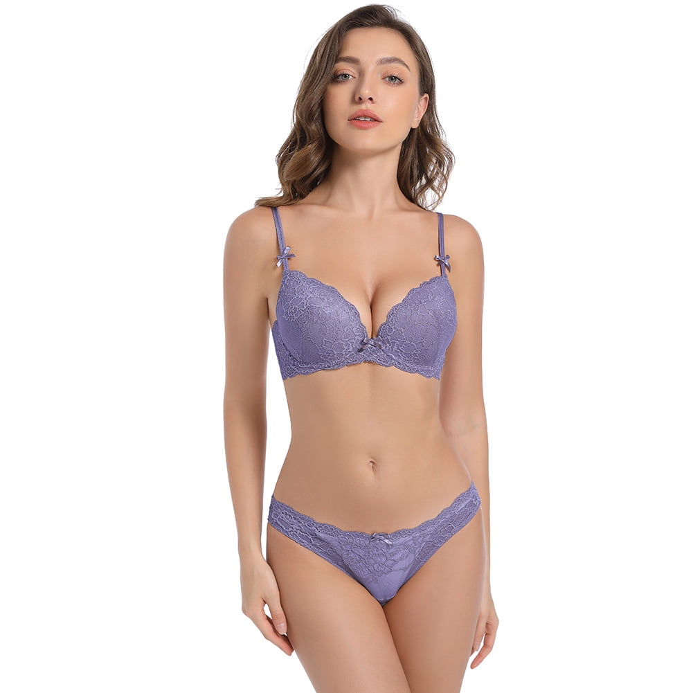 Varsbaby Women's Underwire Push Up Bra Adult Bras and Sexy Lace Panties Lingerie Set