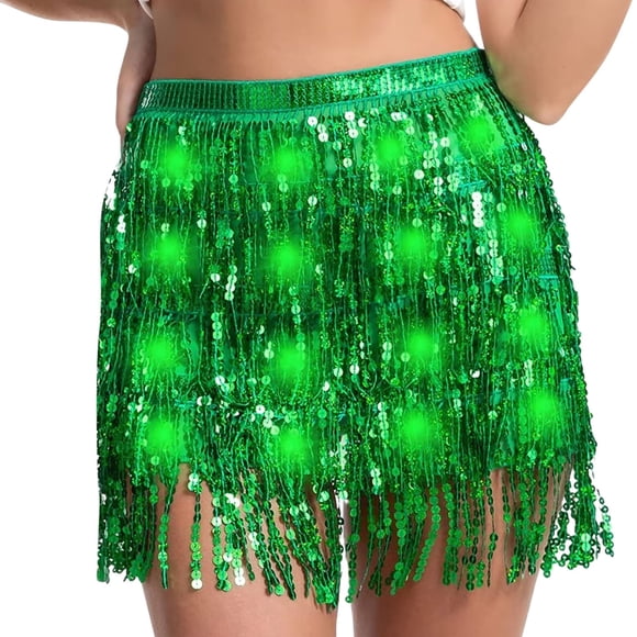 Aocisk Women Sequin Tassel Fringe Mini Skirt Rave Festival Party Wear Bohemian Dance Green One Size