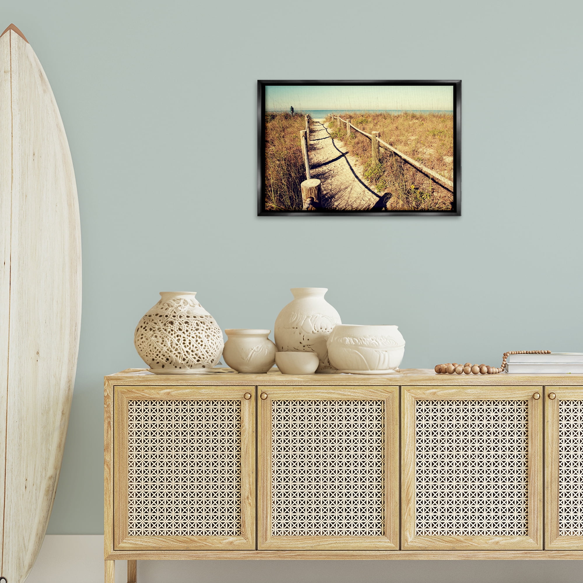Stupell Industries Sandy Path Railing Landscape & Nature Photography Black Floater Framed Canvas Art Print Wall Art, 25 x 17