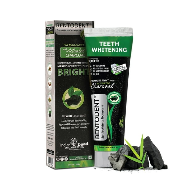 BENTODENT Teeth Whitening Toothpaste - Bentonite Clay & Activated Organic Charcoal Toothpaste - Detox Natural Teeth Whitening Toothpaste, Mint, Tea Tree, No SLS, Fluoride Free, Vegan, Travel 3.52 oz