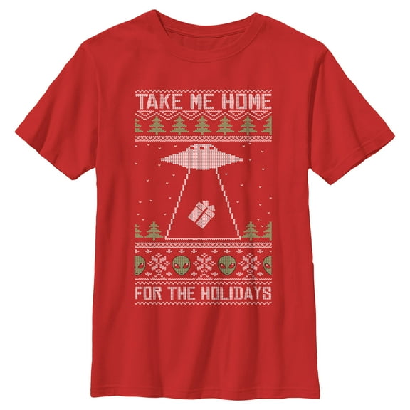 Boy's Lost Gods Ugly Christmas Take Me Home for the Holidays Graphic Tee Red Medium