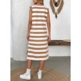 thumbnail image 4 of Womens Striped Summer A Line Dress Casual Cap Sleeve Lapel Neck T Shirt Dresses with Pockets Khaki M, 4 of 9