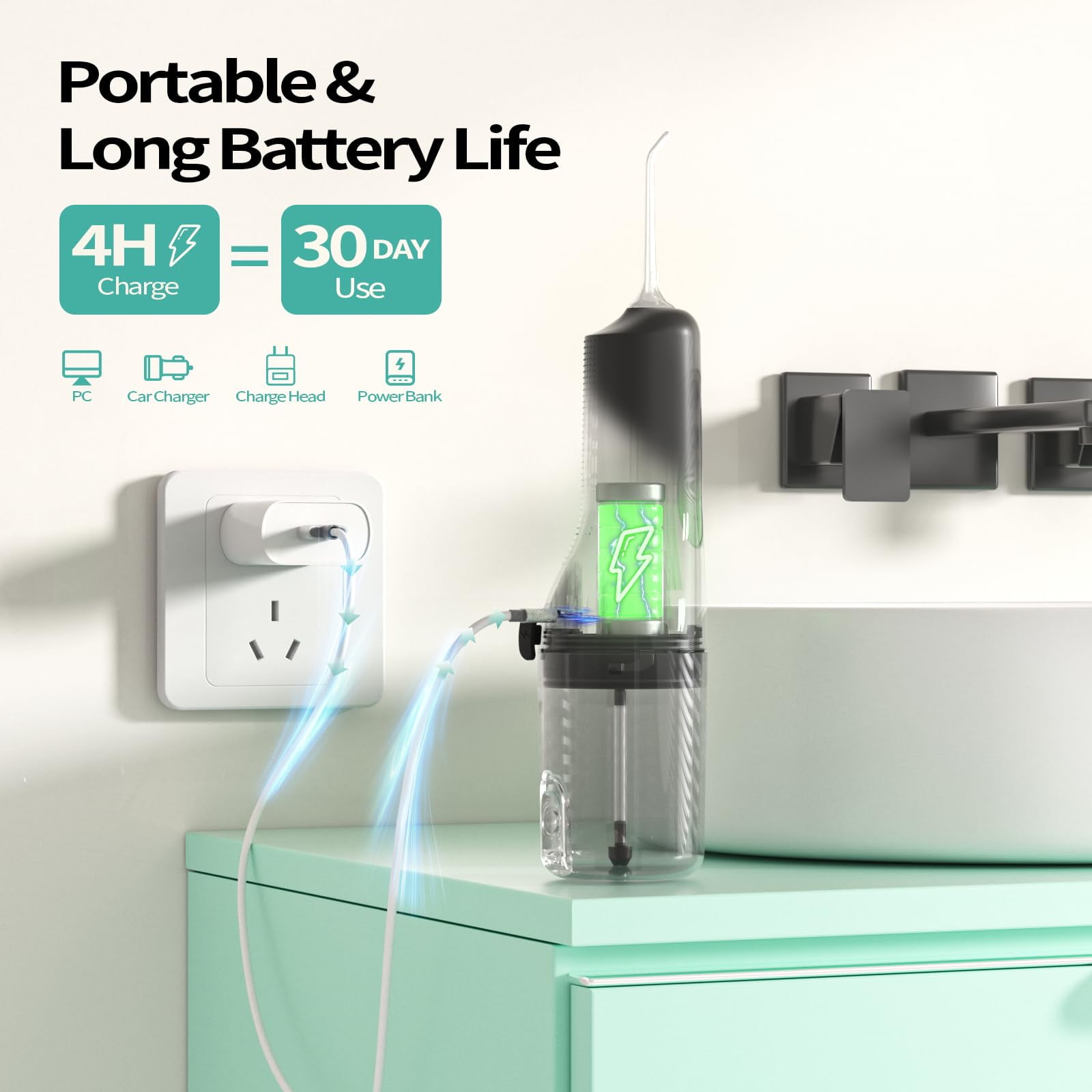 OasiSmile Water Flossers for Teeth Braces Care, Portable Cordless Travel Dental Floss 4 Modes 260ML Rechargeable Oral Irrigator with 5 Jet Tips, Black