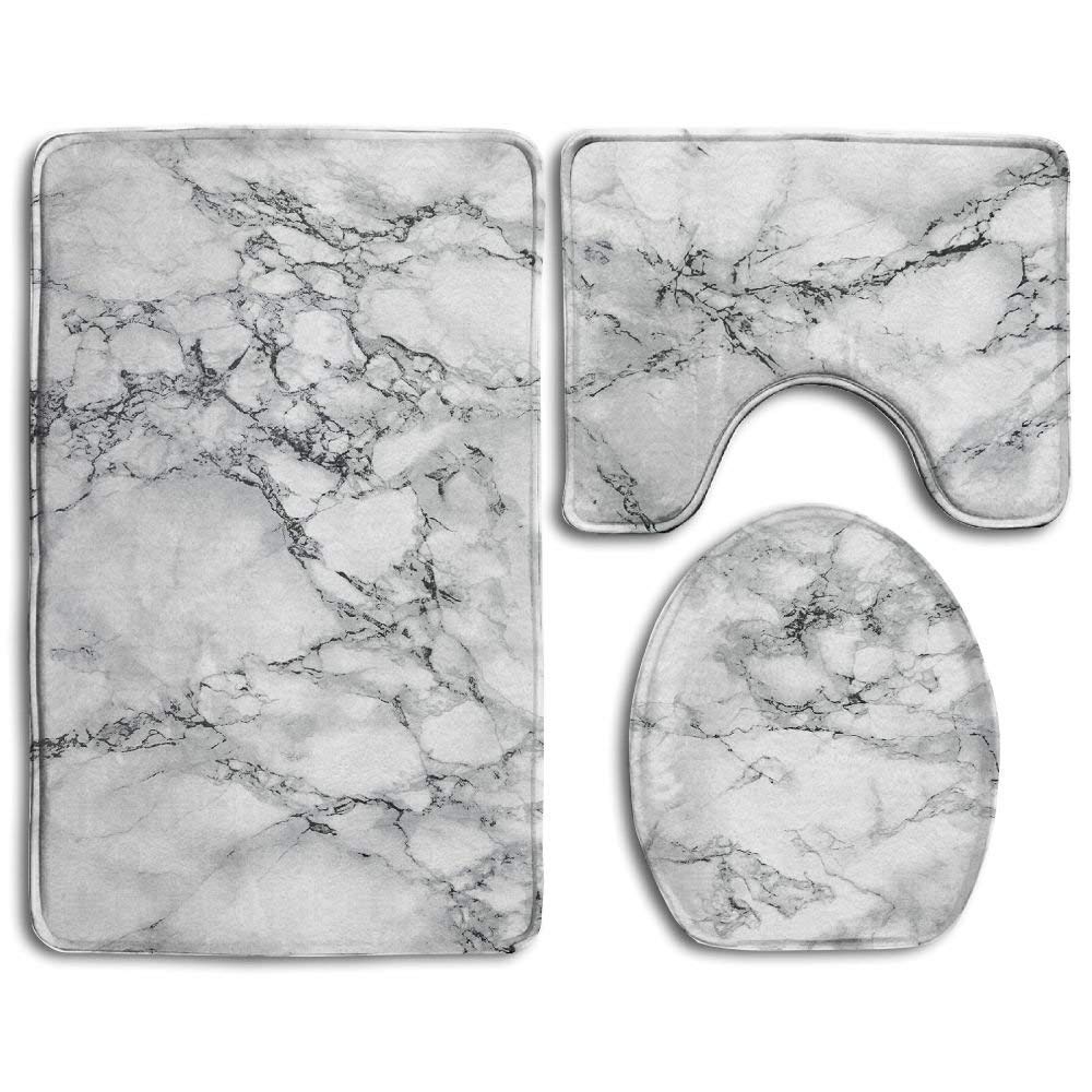 PUDMAD White Marble 3 Piece Bathroom Rugs Set Bath Rug Contour Mat and