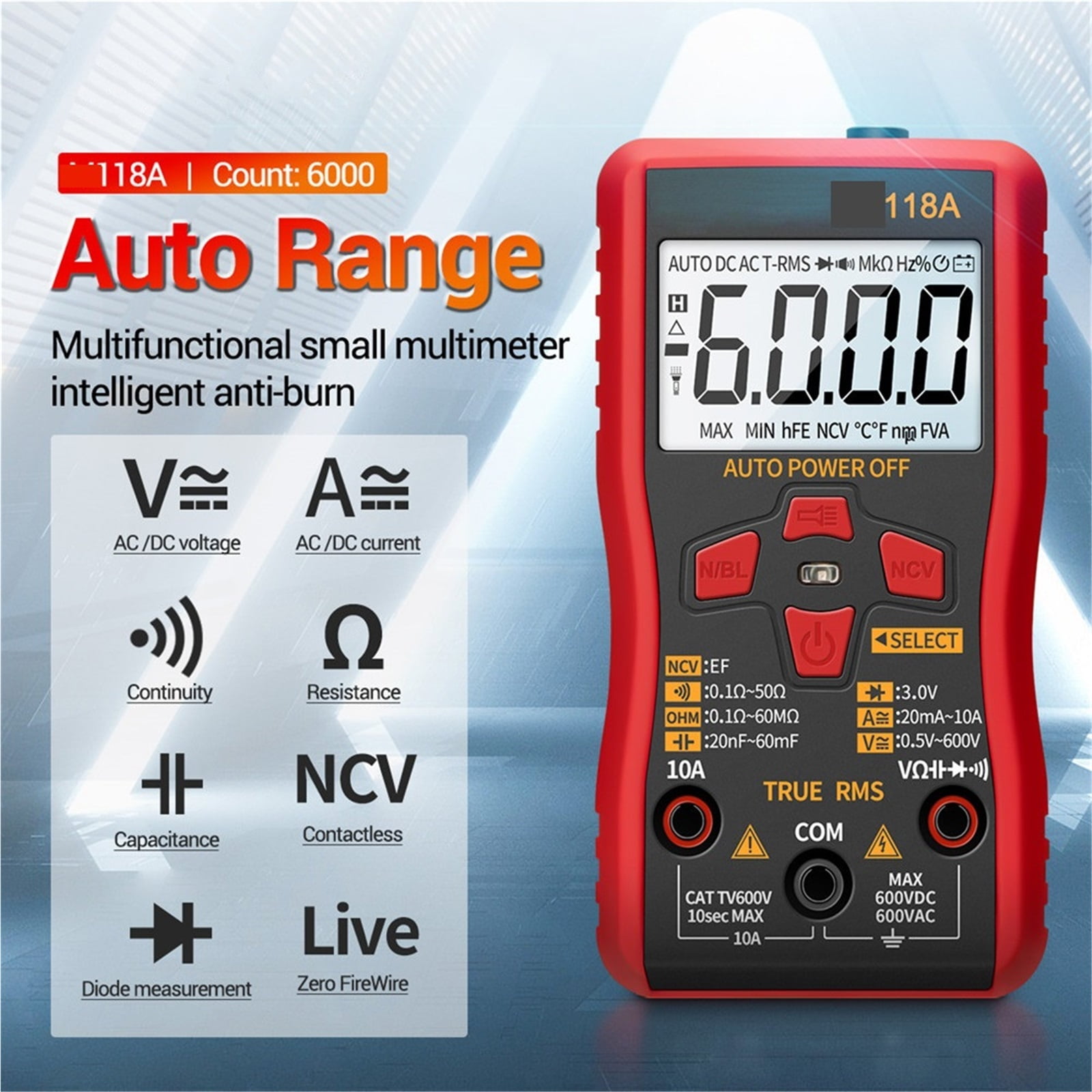 Smart Tester Mini 6000 Counts Flashlight Digital Multimeter With NCV Data Hold Auto Mmultimetro True Rms Tranistor Meter ,Battery Test